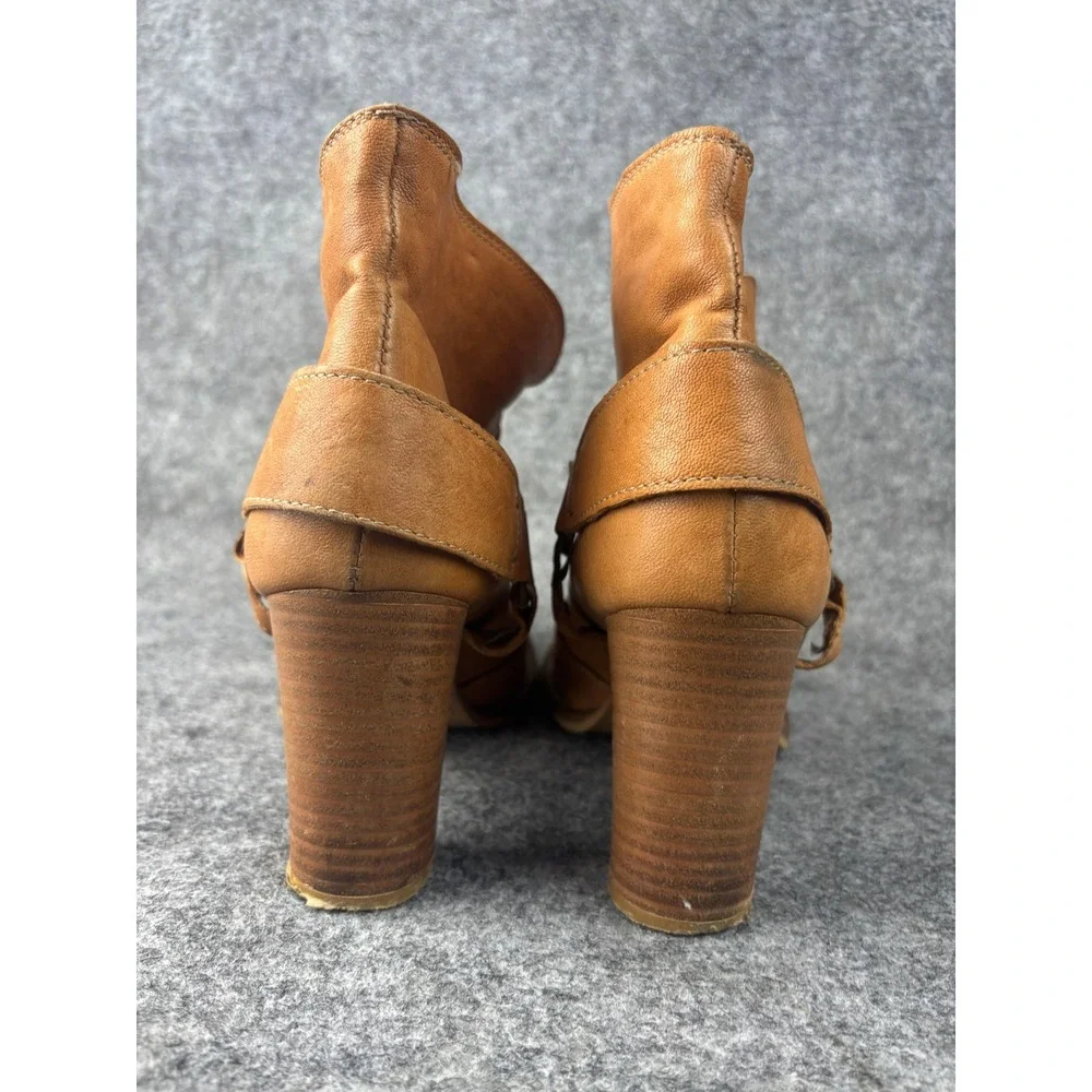 Sundance Leather Ankle Boots Womens 41 Tan Buckle Strap Stacked Block Heel 64921
